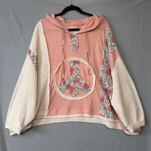 POL Womens Oversized Boho Hoodie M Mixed Media Peace Floral Ribbed Patchwork
